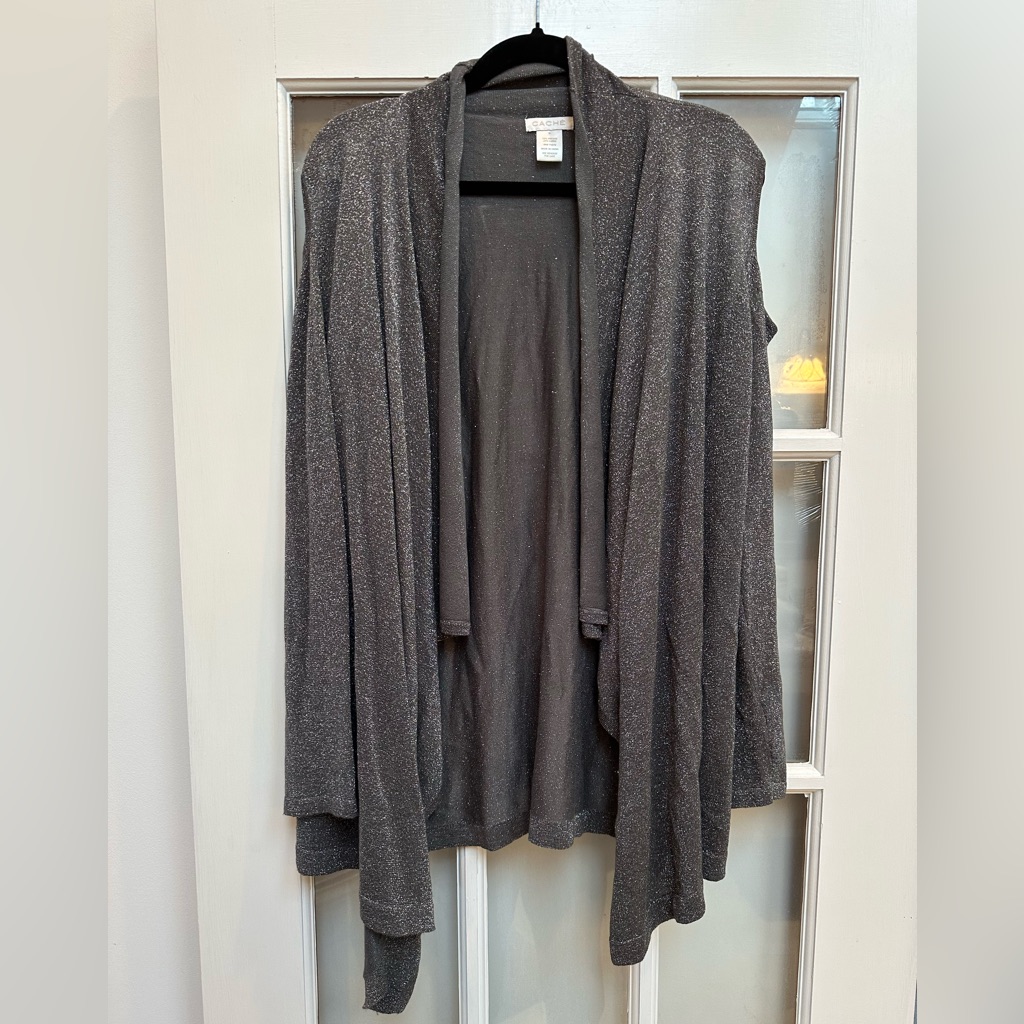 Vintage Cache Y2k Silver Taupe Metallic Open Front Cardigan Sweater Size Xl